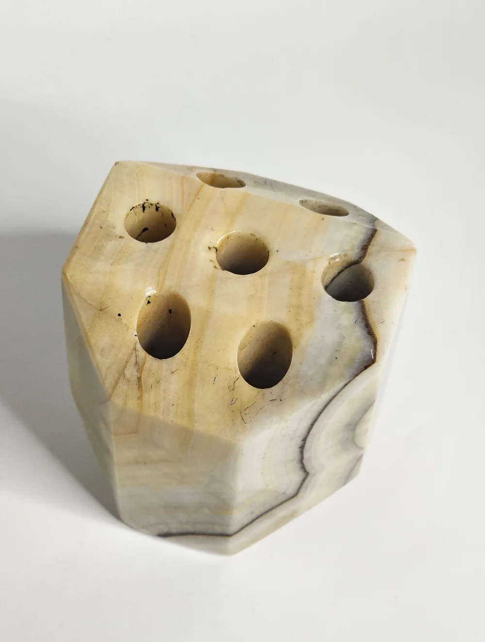 Vtg Hand Carved Banded Onyx Stone Desktop Pen Pencil Holder MCM Art Paperweight